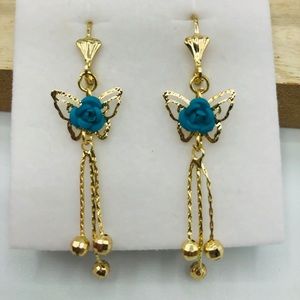 Butterfly and rose dangle earrings gold plated